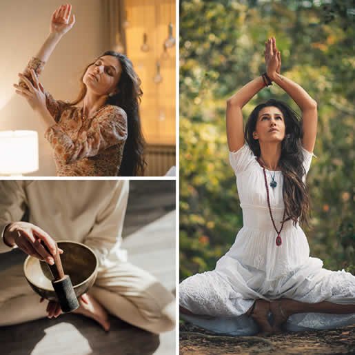 A woman engaging in holistic wellness practices, including meditation, sound healing, and mindful movement, promoting relaxation and inner peace at a wellness center.