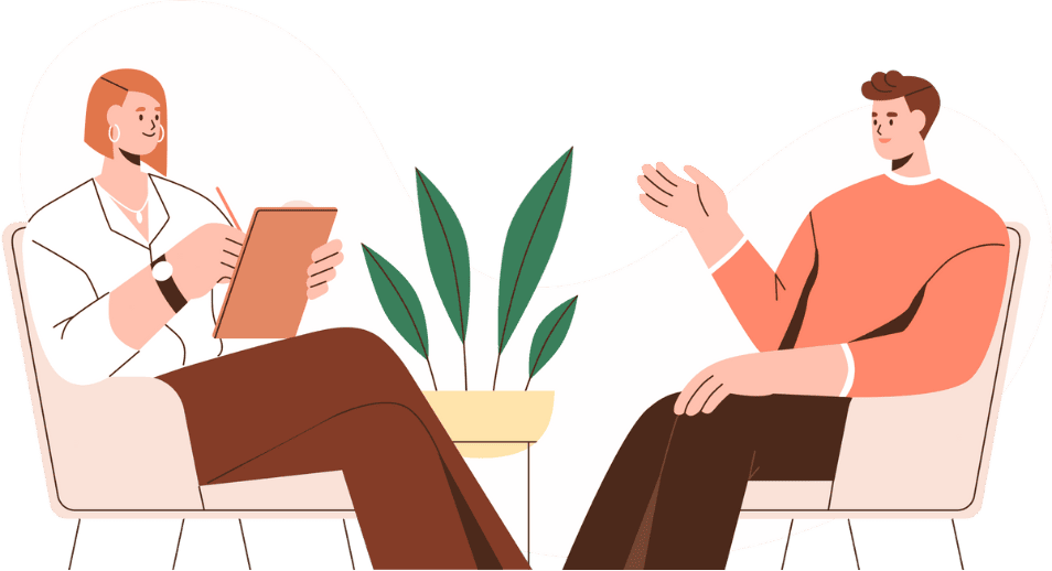 An illustrated therapist attentively listening to a client during a counseling session in a wellness center, promoting mental health and well-being